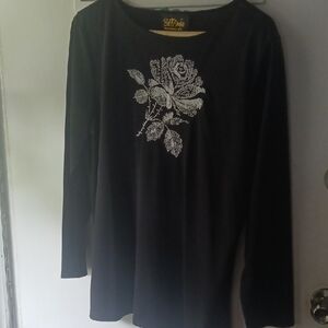 Bobbie Brooks Black Long Sleeve Top with Silver Floral Design
